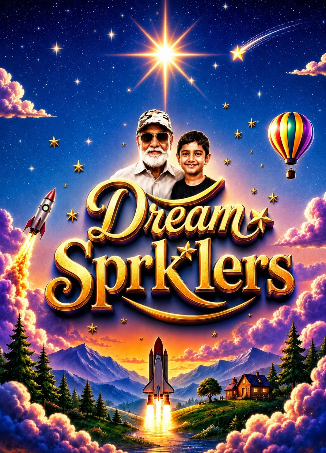 Dream Sparklers — a grandfather and grandson looking skyward at a magical starlit world